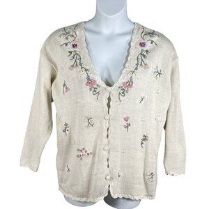 Shenanigans VTG Womens M Cream Knit Cardigan Pearl Embroidery Detail Cottagecore